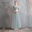 Affordable Green Bridesmaid Dresses 2020 A-Line / Princess Off-The-Shoulder Bell sleeves Appliques Lace Tea-length Ruffle Backless Wedding Party Dresses