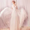 Affordable White Butterfly Appliques Lace Outdoor / Garden Wedding Dresses 2020 A-Line / Princess See-through Square Neckline Sleeveless Backless Floor-Length / Long Ruffle