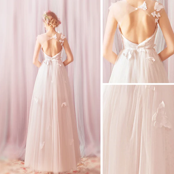 Affordable White Butterfly Appliques Lace Outdoor / Garden Wedding Dresses 2020 A-Line / Princess See-through Square Neckline Sleeveless Backless