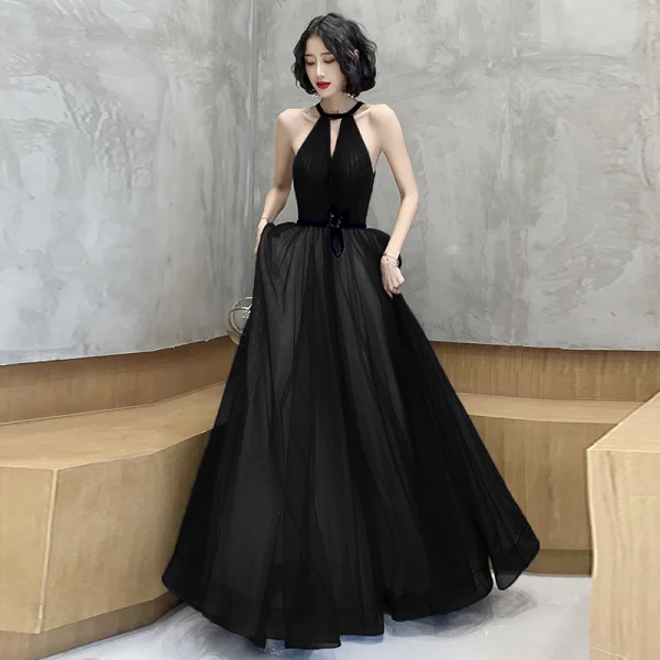 Affordable Royal Blue Evening Dresses  2020 A-Line / Princess Scoop Neck Sleeveless Sash Glitter Tulle Beading Floor-Length / Long Backless Formal Dresses