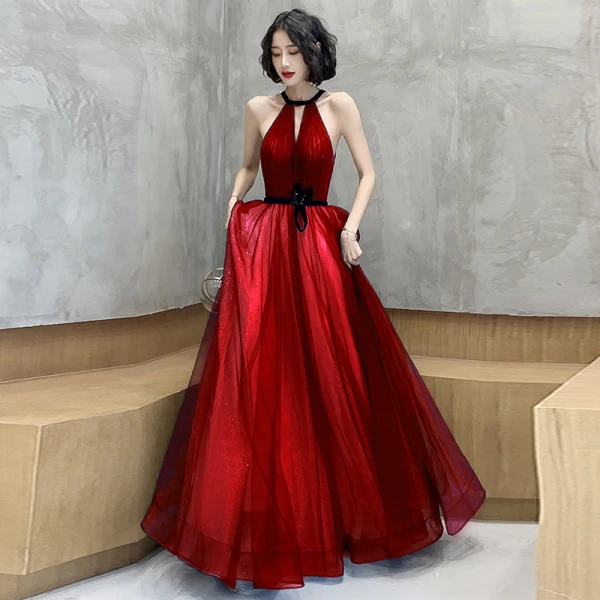 Affordable Royal Blue Evening Dresses  2020 A-Line / Princess Scoop Neck Sleeveless Sash Glitter Tulle Beading Floor-Length / Long Backless Formal Dresses