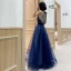 Affordable Royal Blue Evening Dresses  2020 A-Line / Princess Scoop Neck Sleeveless Sash Glitter Tulle Beading Floor-Length / Long Backless Formal Dresses