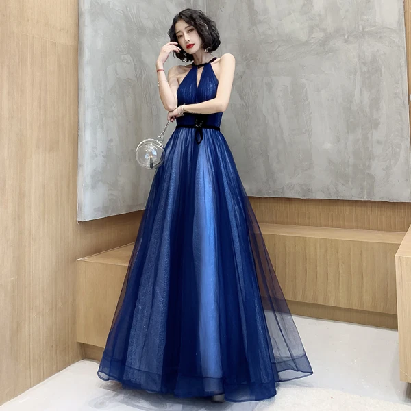 Affordable Royal Blue Evening Dresses  2020 A-Line / Princess Scoop Neck Sleeveless Sash Glitter Tulle Beading Floor-Length / Long Backless Formal Dresses