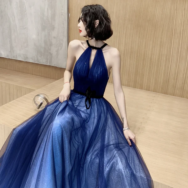 Affordable Royal Blue Evening Dresses  2020 A-Line / Princess Scoop Neck Sleeveless Sash Glitter Tulle Beading Floor-Length / Long Backless Formal Dresses