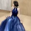 Affordable Royal Blue Evening Dresses  2020 A-Line / Princess Scoop Neck Sleeveless Sash Glitter Tulle Beading Floor-Length / Long Backless Formal Dresses