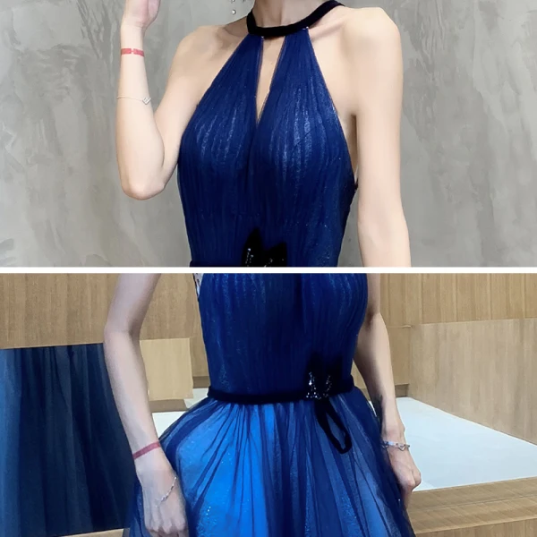 Affordable Royal Blue Evening Dresses  2020 A-Line / Princess Scoop Neck Sleeveless Sash Glitter Tulle Beading Floor-Length / Long Backless Formal Dresses
