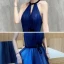 Affordable Royal Blue Evening Dresses  2020 A-Line / Princess Scoop Neck Sleeveless Sash Glitter Tulle Beading Floor-Length / Long Backless Formal Dresses