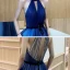 Affordable Royal Blue Evening Dresses  2020 A-Line / Princess Scoop Neck Sleeveless Sash Glitter Tulle Beading Floor-Length / Long Backless Formal Dresses