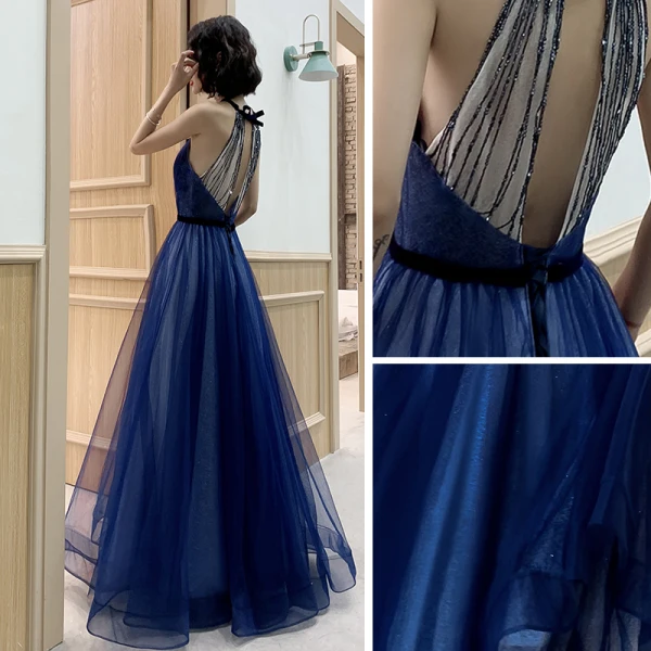 Affordable Royal Blue Evening Dresses  2020 A-Line / Princess Scoop Neck Sleeveless Sash Glitter Tulle Beading Floor-Length / Long Backless Formal Dresses