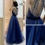 Affordable Royal Blue Evening Dresses  2020 A-Line / Princess Scoop Neck Sleeveless Sash Glitter Tulle Beading Floor-Length / Long Backless Formal Dresses