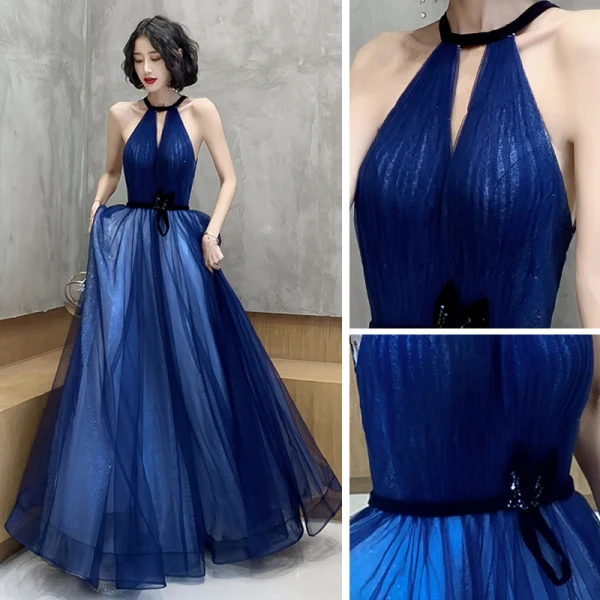 Affordable Royal Blue Evening Dresses  2020 A-Line / Princess Scoop Neck Sleeveless Sash Glitter Tulle Beading Floor-Length / Long Backless Formal Dresses