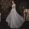 Illusion Grey See-through Evening Dresses  2020 A-Line / Princess Scoop Neck Short Sleeve Handmade  Beading Floor-Length / Long Ruffle Formal Dresses