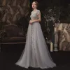 Illusion Grey See-through Evening Dresses  2020 A-Line / Princess Scoop Neck Short Sleeve Handmade  Beading Floor-Length / Long Ruffle Formal Dresses