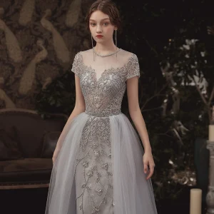 Illusion Grey See Through Evening Dresses 2020 A Line Princess Scoop Neck Short Sleeve Handmade Beading Floor Length Long Ruffle Formal Dresses