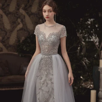 Illusion Grey See Through Evening Dresses 2020 A Line Princess Scoop Neck Short Sleeve Handmade Beading Floor Length Long Ruffle Formal Dresses