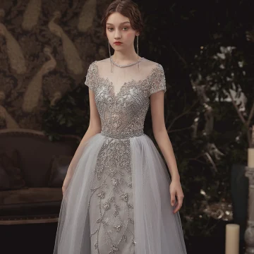 Illusion Grey See Through Evening Dresses 2020 A Line Princess Scoop Neck Short Sleeve Handmade Beading Floor Length Long Ruffle Formal Dresses