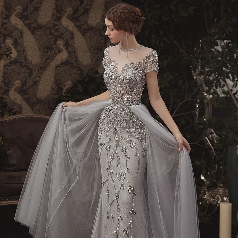 Illusion Grey See-through Evening Dresses 2020 A-Line Princess Scoop Neck Short Sleeve Illusion Grey See-through Evening Dresses 2020 A-Line Princess Scoop Neck Short Sleeve