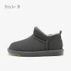 Modest / Simple Grey Snow Boots 2020 Leather Ankle Winter Flat Round Toe Womens Boots