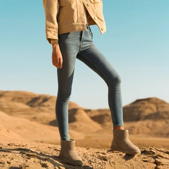 Enkla Casual Kaki Snow Boots 2020 Läder Stövletter Vinter Platt Pande Zote Toe Stövlar Dam