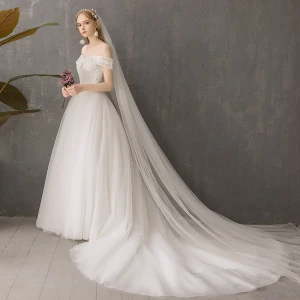 Modest Simple Affordable Ivory Wedding Dresses 2019 A Line Princess Off The Shoulder Short Sleeve Backless Appliques Lace Chapel Train Ruffle