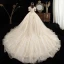 Style Victorien Champagne Grande Taille Robe De Mariée 2020 Robe Boule Encolure Carrée Gonflée Manches Courtes Dos Nu Appliques En Dentelle Perlage Chapel Train Volants