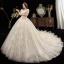 Style Victorien Champagne Grande Taille Robe De Mariée 2020 Robe Boule Encolure Carrée Gonflée Manches Courtes Dos Nu Appliques En Dentelle Perlage Chapel Train Volants