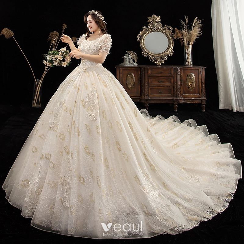 plus size wedding dresses gold Plus Size Strapless Glitter Dress with Detachable Train - Off Shoulder Wedding Dress with Draped Waist Corset and High Slit