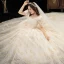 Style Victorien Champagne Grande Taille Robe De Mariée 2020 Robe Boule Encolure Carrée Gonflée Manches Courtes Dos Nu Appliques En Dentelle Perlage Chapel Train Volants
