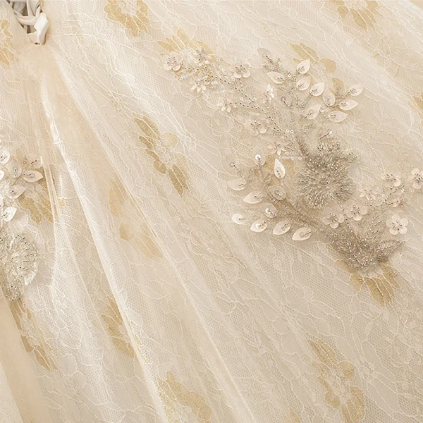 Style Victorien Champagne Grande Taille Robe De Mariée 2020 Robe Boule Encolure Carrée Gonflée Manches Courtes Dos Nu Appliques En Dentelle Perlage Chapel Train Volants