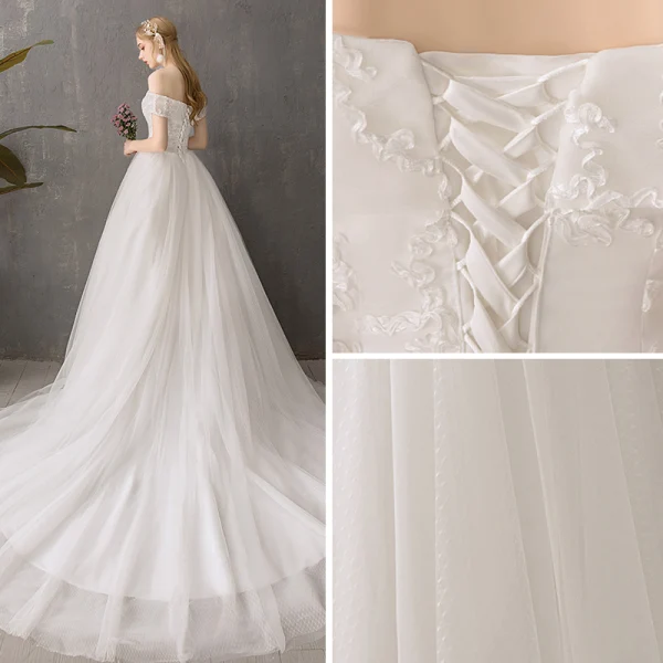 Modest / Simple Affordable Ivory Wedding Dresses 2019 A-Line / Princess Off-The-Shoulder Short Sleeve Backless Appliques Lace Chapel Train Ruffle