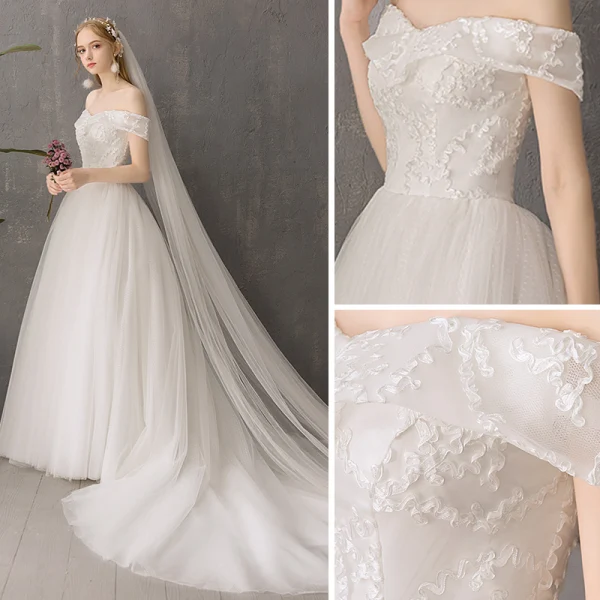 Modest / Simple Affordable Ivory Wedding Dresses 2019 A-Line / Princess Off-The-Shoulder Short Sleeve Backless Appliques Lace Chapel Train Ruffle