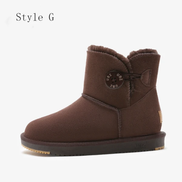Mode Marrons Bottes De Neige 2020 Boutons Cuir Bottines Hiver Plate À Bout Rond Bottes Femme