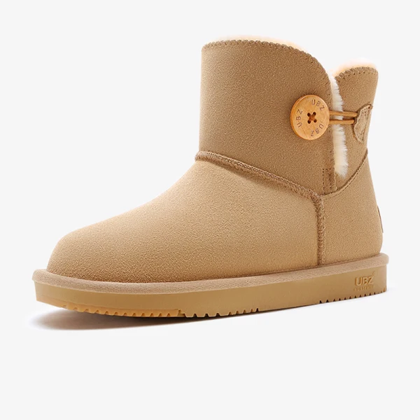 Mode Marrons Bottes De Neige 2020 Boutons Cuir Bottines Hiver Plate À Bout Rond Bottes Femme