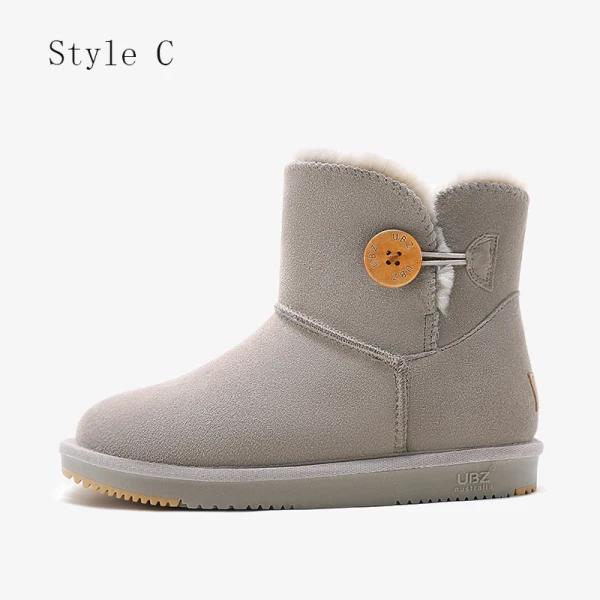 Mode Marrons Bottes De Neige 2020 Boutons Cuir Bottines Hiver Plate À Bout Rond Bottes Femme