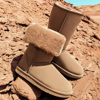 Enkla Kaki Snow Boots 2020 Läder Mitten Kalv Vinter Platt Pande Zote Toe Stövlar Dam