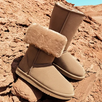 Modest Simple Khaki Snow Boots 2020 Leather Mid Calf Winter Flat Round Toe Womens Boots