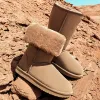 Modest / Simple Khaki Snow Boots 2020 Leather Mid Calf Winter Flat Round Toe Womens Boots