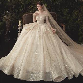 Charmant Champagne Transparentes Robe De Mariée 2020 Robe Boule Encolure Dégagée Manches Longues Dos Nu Glitter Appliques En Dentelle Tribunal Train Volants