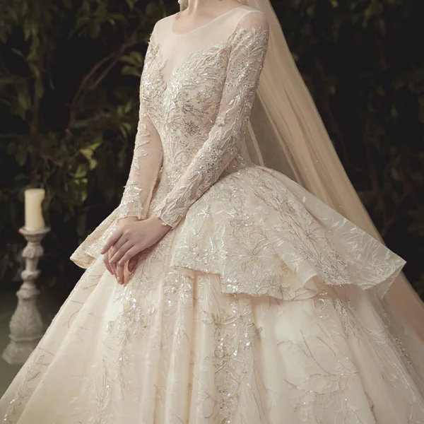 Charming Champagne See-through Wedding Dresses 2020 Ball Gown Scoop Neck Long Sleeve Backless Glitter Appliques Lace Court Train Ruffle