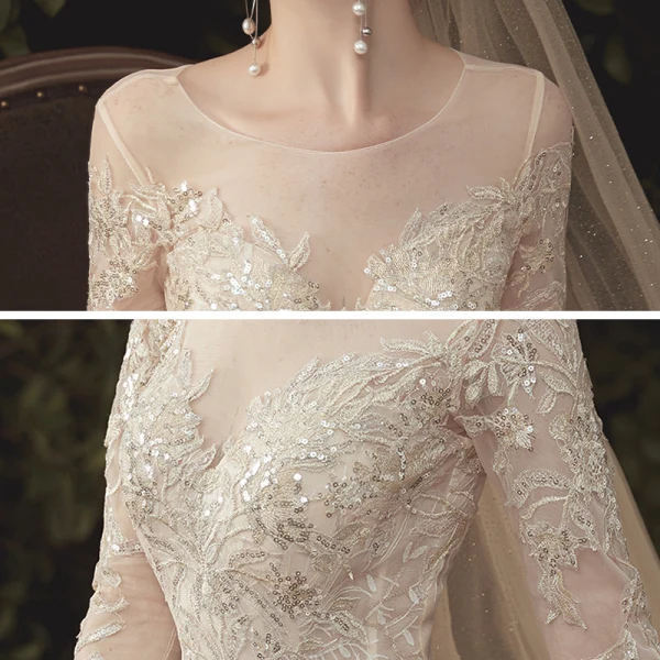 Charming Champagne See-through Wedding Dresses 2020 Ball Gown Scoop Neck Long Sleeve Backless Glitter Appliques Lace Court Train Ruffle
