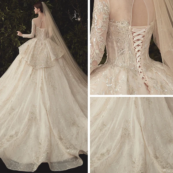 Charming Champagne See-through Wedding Dresses 2020 Ball Gown Scoop Neck Long Sleeve Backless Glitter Appliques Lace Court Train Ruffle