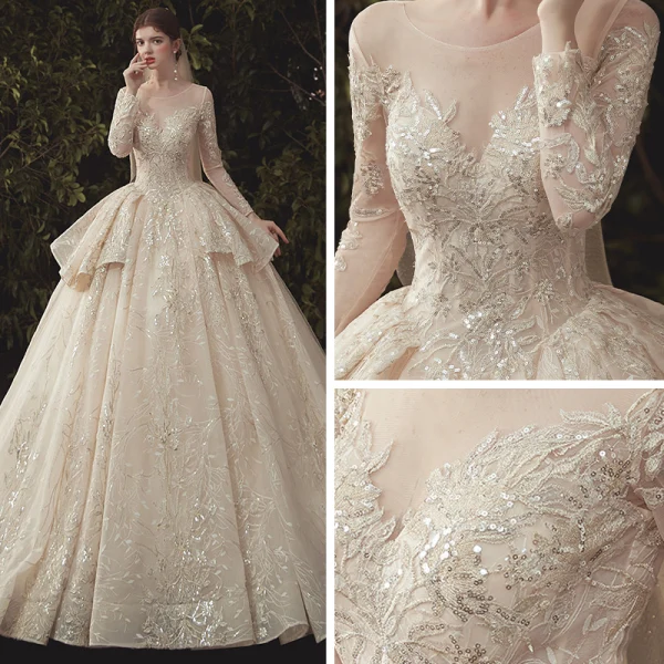 Charming Champagne See-through Wedding Dresses 2020 Ball Gown Scoop Neck Long Sleeve Backless Glitter Appliques Lace Court Train Ruffle