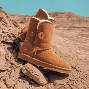 Chic Beautiful Maroon Snow Boots 2020 Leather Buttons Ankle Winter Mid Heels Casual Round Toe Womens Boots