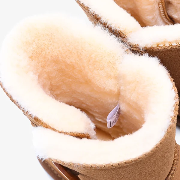 Schöne Kastanienbraune Schneestiefel 2020 Leder Schaltflächen Ankle Boots Winter Mittel-Heels Freizeit Runde Zeh Stiefel Damen