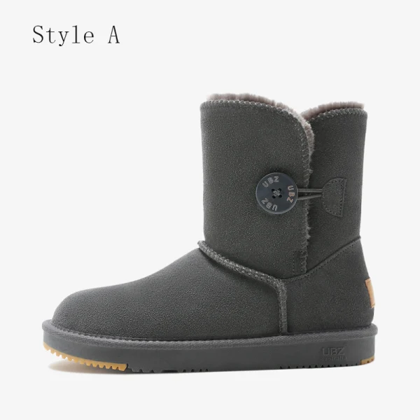 Schöne Kastanienbraune Schneestiefel 2020 Leder Schaltflächen Ankle Boots Winter Mittel-Heels Freizeit Runde Zeh Stiefel Damen