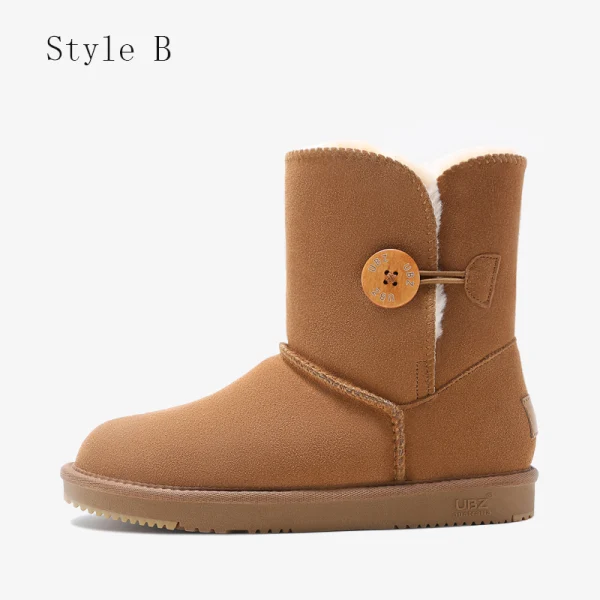 Schöne Kastanienbraune Schneestiefel 2020 Leder Schaltflächen Ankle Boots Winter Mittel-Heels Freizeit Runde Zeh Stiefel Damen