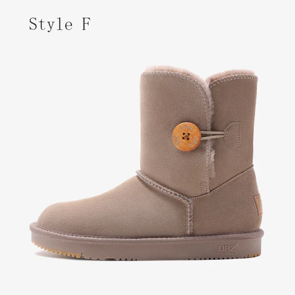 Schöne Kastanienbraune Schneestiefel 2020 Leder Schaltflächen Ankle Boots Winter Mittel-Heels Freizeit Runde Zeh Stiefel Damen