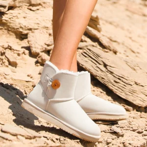 Modest Simple Ivory Snow Boots 2020 Waterproof Leather Buttons Ankle Winter Flat Casual Round Toe Womens Boots