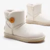 Schlicht Ivory / Creme Schneestiefel 2020 Wasserdichte Leder Schaltflächen Ankle Boots Winter Flache Freizeit Runde Zeh Stiefel Damen