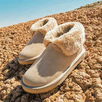 Härlig Aprikos Beige Snow Boots 2020 Ull Läder Stövletter Vinter Platt Casual Pande Zote Toe Stövlar Dam